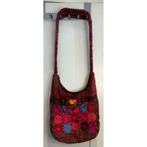 Boho Floral Embroidered Red Woven Crossbody Hobo Bag Festival Hippie Purse